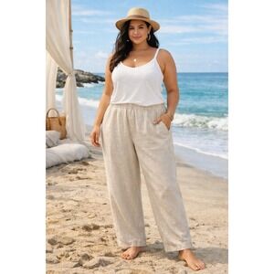 Beige Linen Blend Pull On Pants Women's Relaxed Coastal Minimalist Casual Lounge